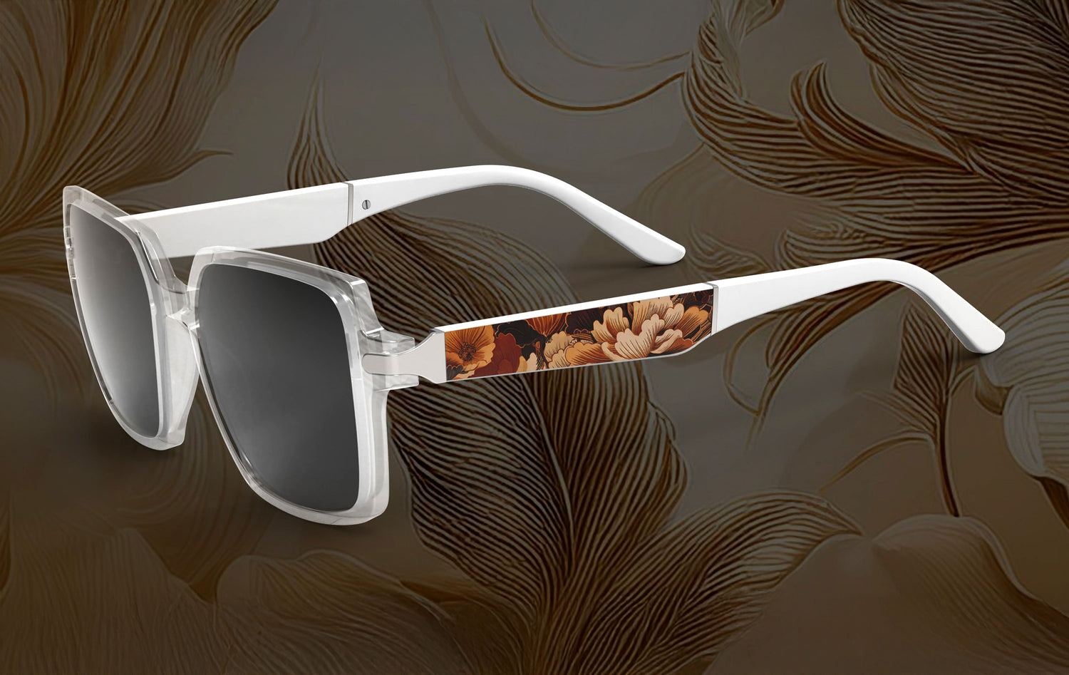 Sunglasses with floral patterned on a brown leafy background