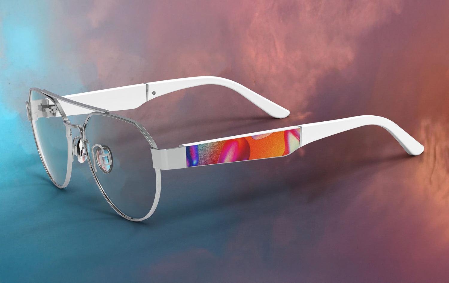Eyeglasses with a colorful bridge on a gradient background