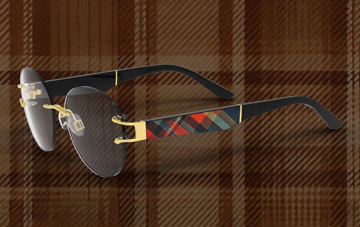 Sunglasses with a tartan pattern on a plaid background