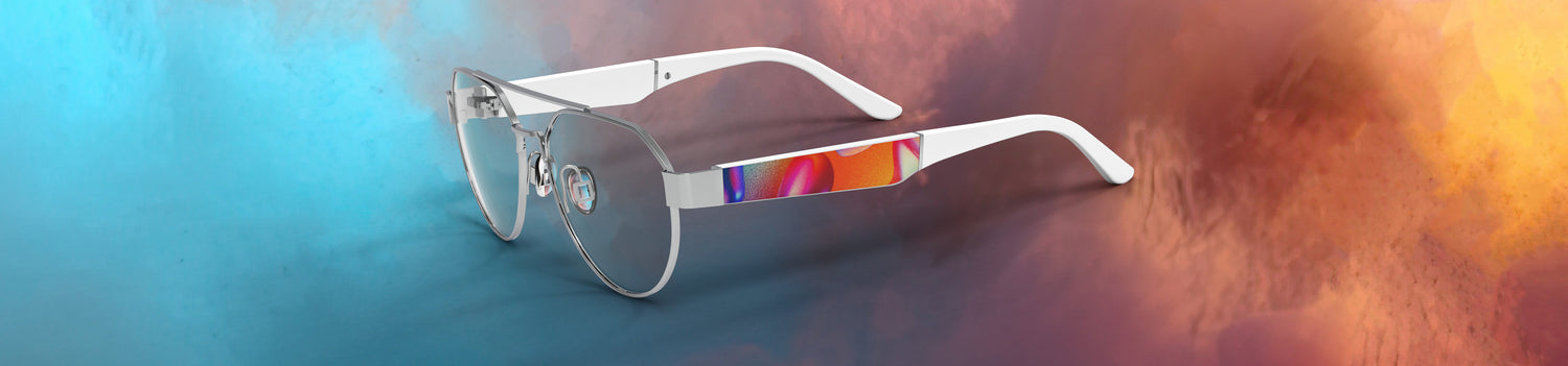 Clear sunglasses with a colorful logo on a gradient background