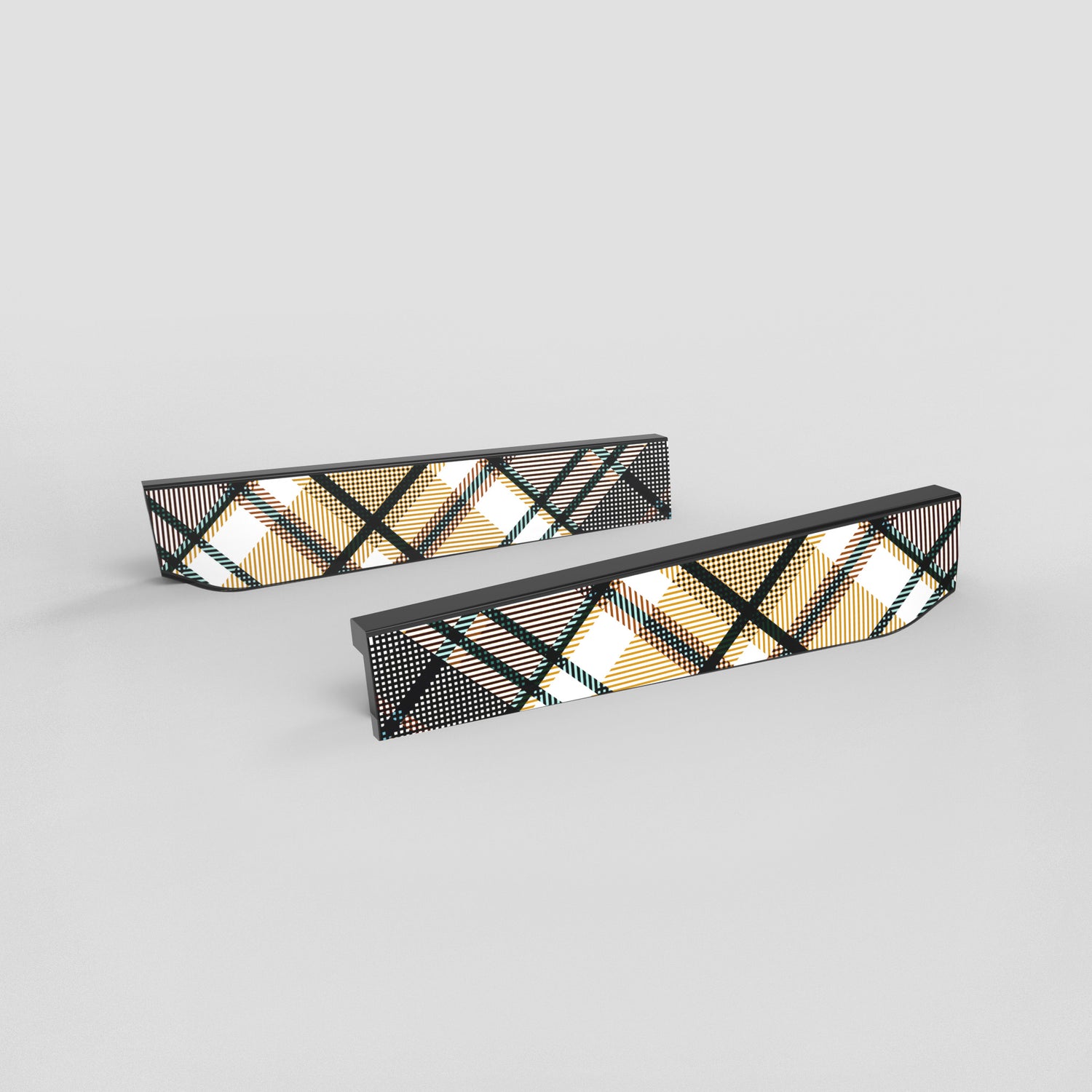 Two geometric-patterned objects on a light gray background