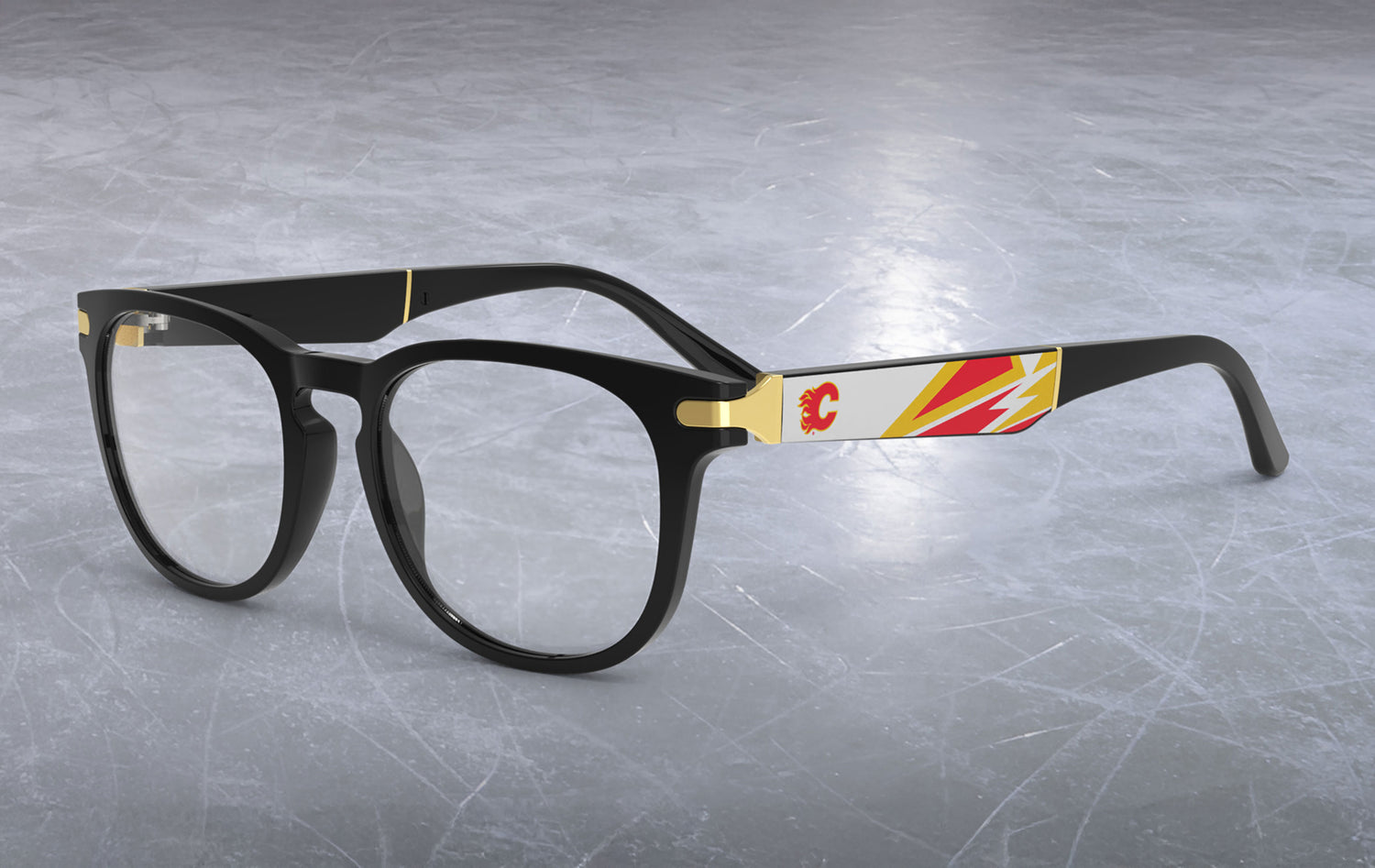 Allegiant glasses with temple blade showing Calgary Flames logo against a red and gold abstract design in a hockey rink setting.