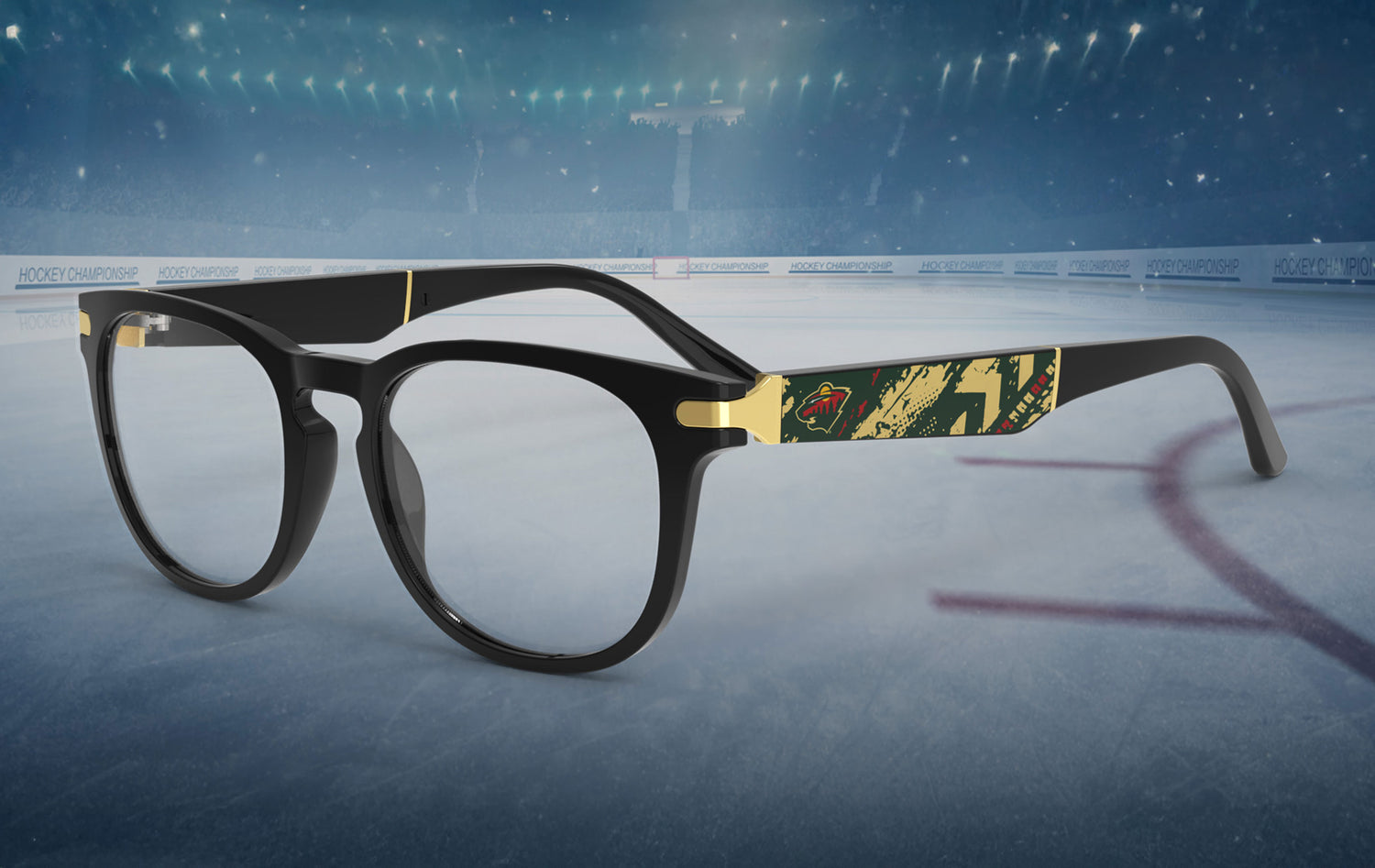 Allegiant glasses with temple blade showing Minnesota Wild logo against a green and tan abstract design in a hockey rink setting.