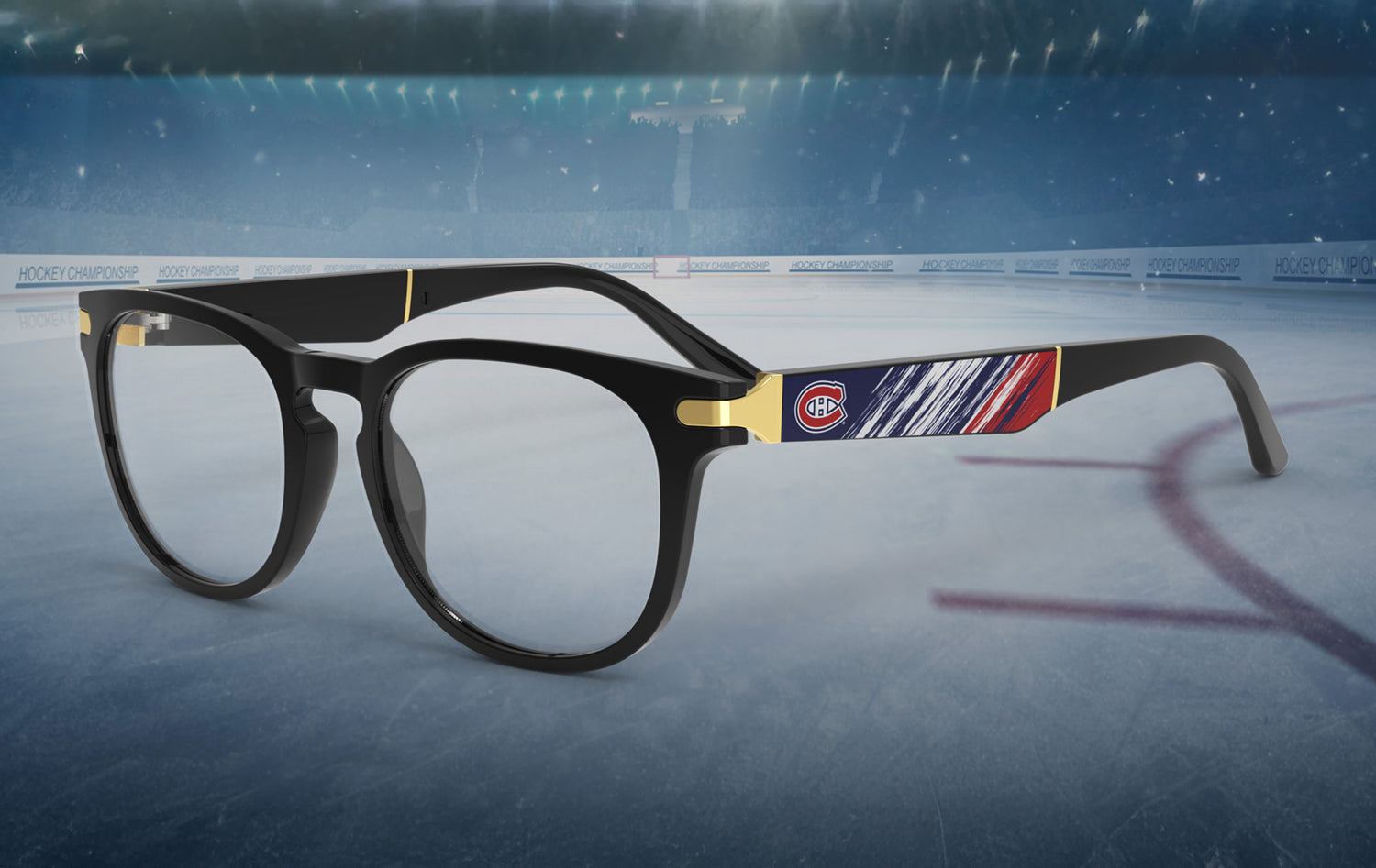 Allegiant glasses with temple blade showing Montreal Canadiens logo against a blue and red abstract design in a hockey rink setting.