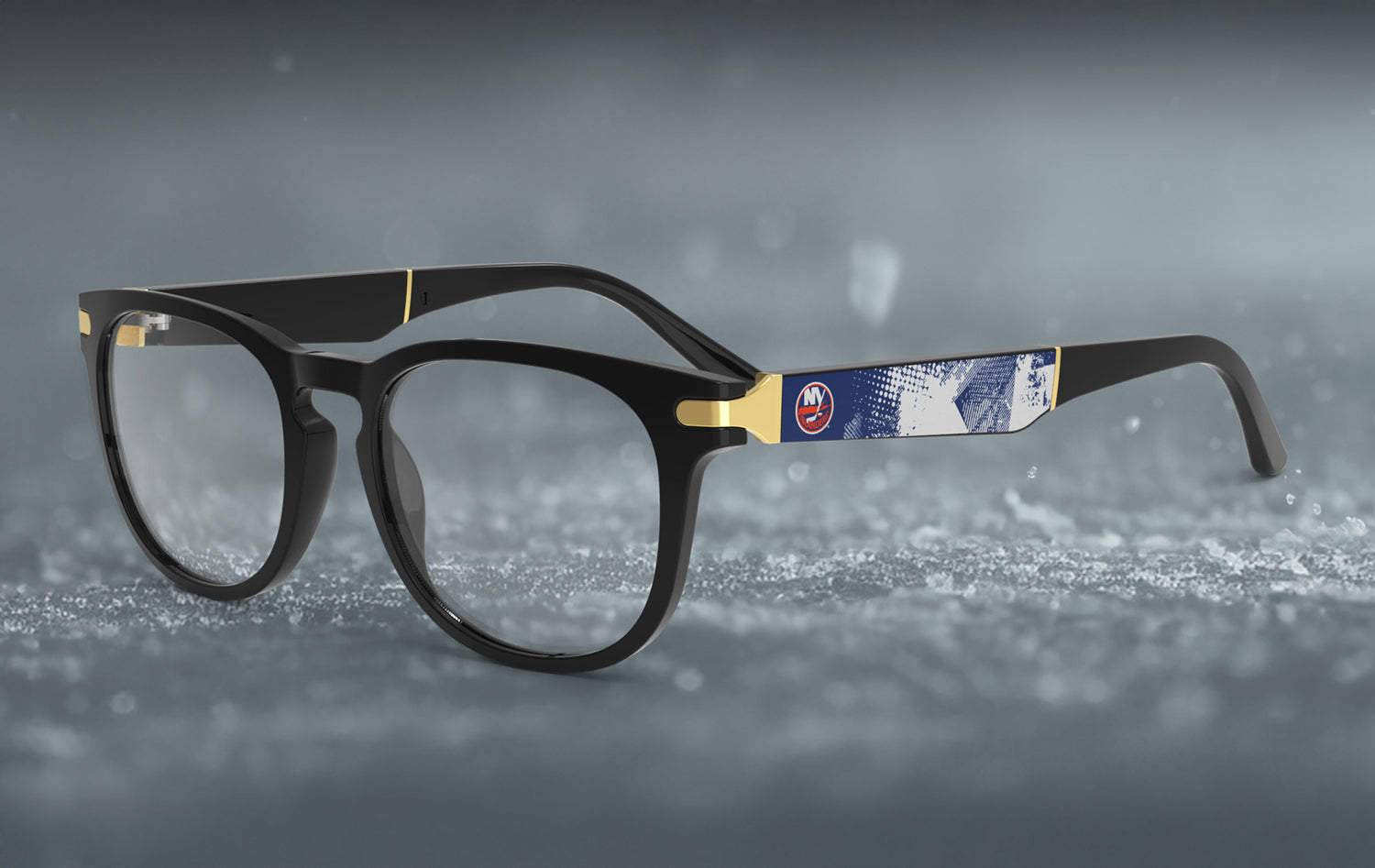 Allegiant glasses with temple blade showing New York Islanders logo against a blue abstract design in a hockey rink setting.