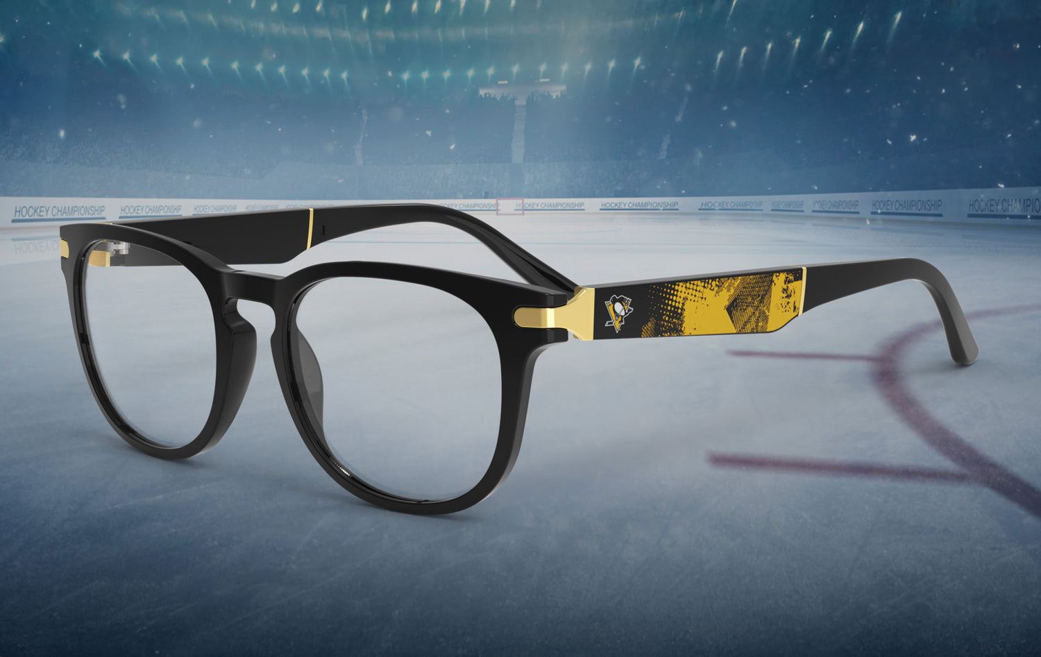 Black eyeglasses with gold accents on an ice hockey rink background