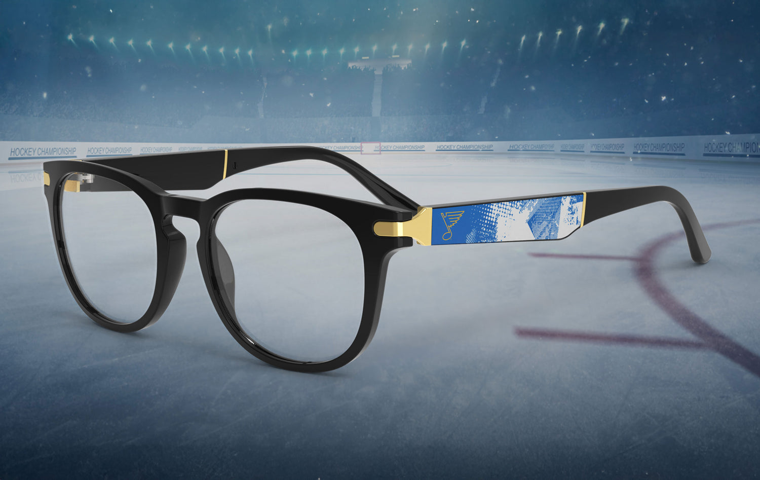 Black-framed Allegiant eyeglasses with a St. Louis Blues logo on the temple blade with an abstract blue and white design on an ice hockey rink background.