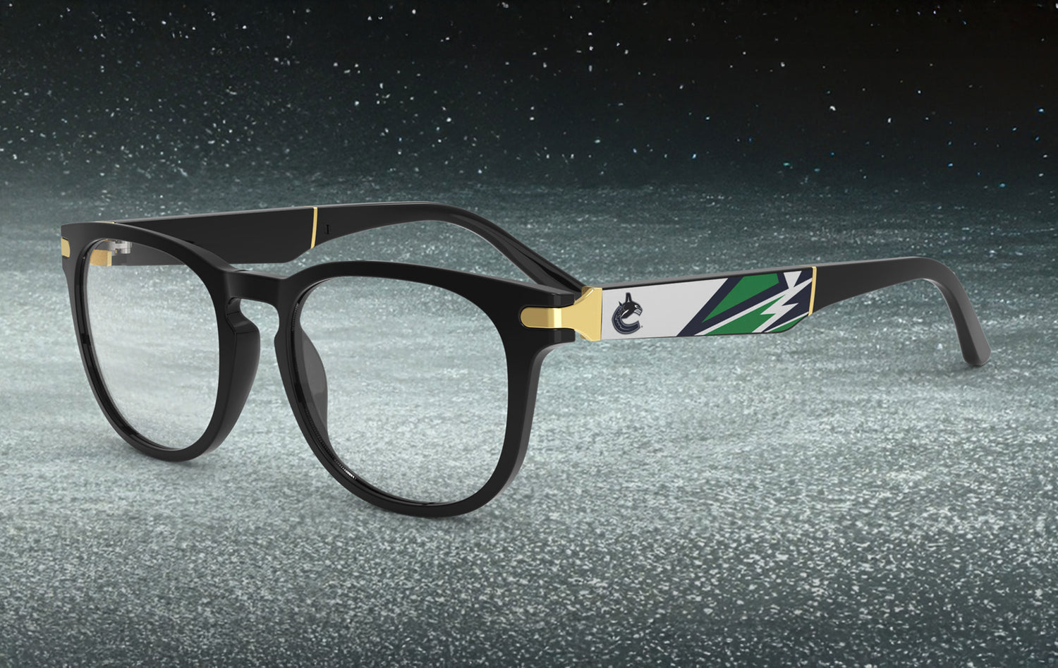 Allegiant glasses with temple blade showing Vancouver Canucks logo against a black and green abstract design in a hockey rink setting.
