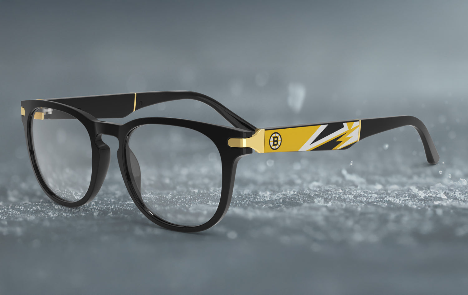 Black-frame eyeglasses with black and yellow geometric design on temple with Boston Bruins logo