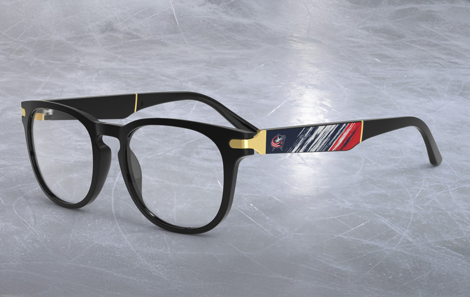 Black-framed Allegiant eyeglasses with a Columbus Blue Jackets logo on the temple blade with an abstract blue, red, and white design on an ice hockey rink background.