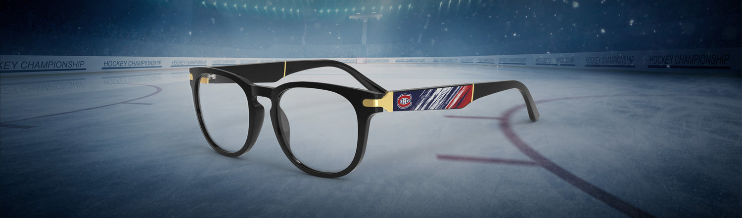 Allegiant glasses with temple blade showing Montreal Canadiens logo against a blue and red abstract design in a hockey rink setting.