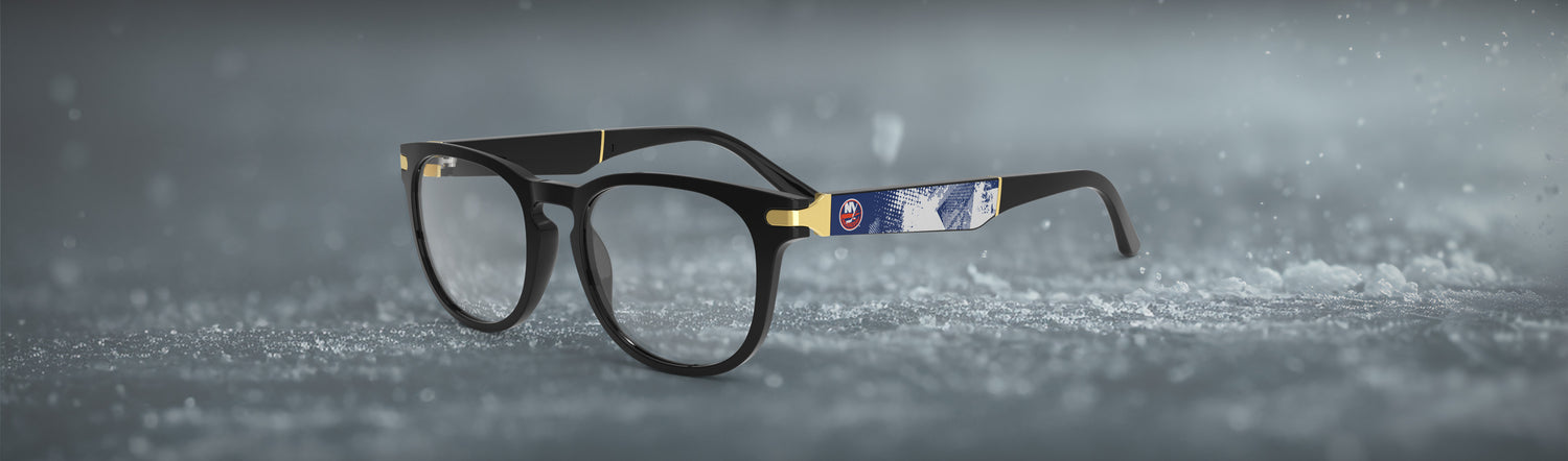 Allegiant glasses with temple blade showing New York Islanders logo against a blue abstract design in a hockey rink setting.