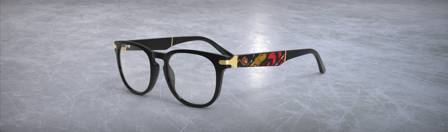 Allegiant glasses with temple blade showing Ottawa Senators logo against a black and red abstract design in a hockey rink setting.