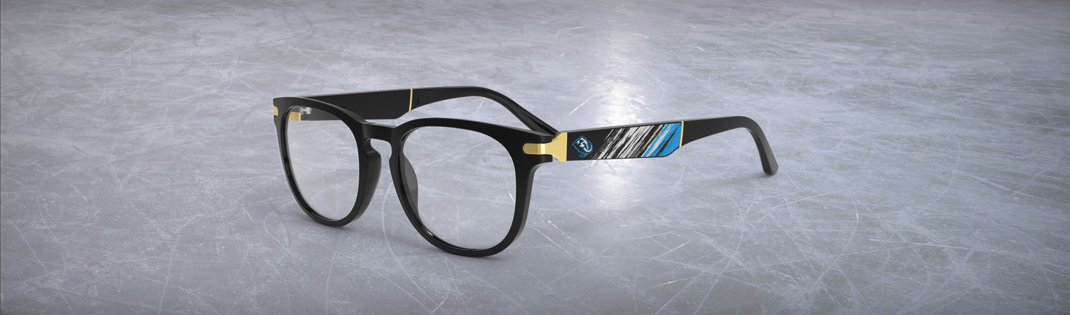Allegiant glasses with temple blade showing Utah Mammoth logo against a black and blue abstract design in a hockey rink setting.