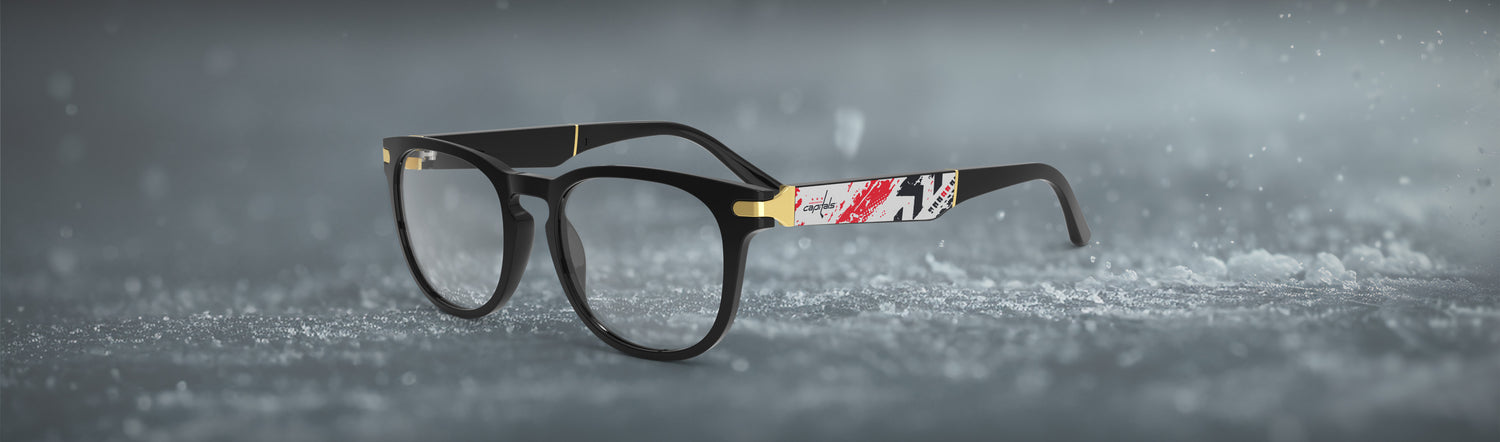 Allegiant glasses with temple blade showing Washington Capitals logo against a red and blue abstract design.