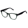 Green eyeglasses with black frames on a white background