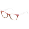 Pink and brown tortoise shell eyeglasses on a white background