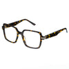 A pair of square-shaped, tortoise-patterned eyeglasses with bold, thick frames.