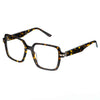 A pair of square-shaped, tortoise-patterned eyeglasses with bold, thick frames.