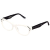 Eyeglasses with white frame and black arms on a white background