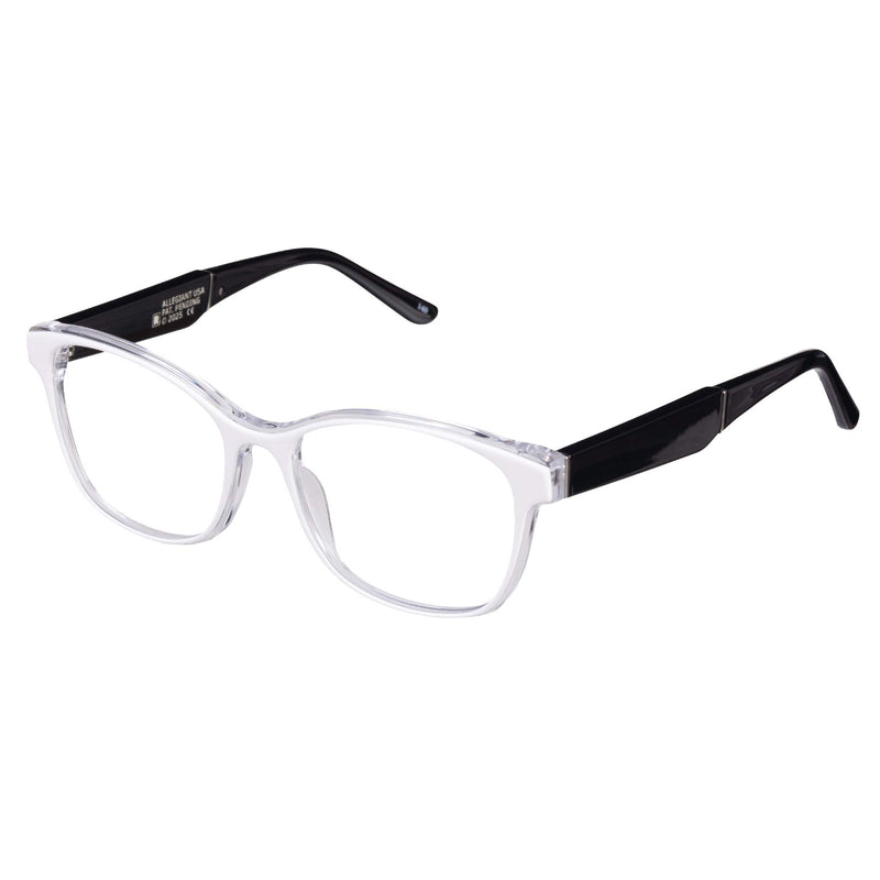 Eyeglasses with black and clear frames on a white background