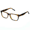 A pair of eyeglasses with a demi-orange frame.