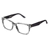 Eyeglasses with a checkered pattern on a white background
