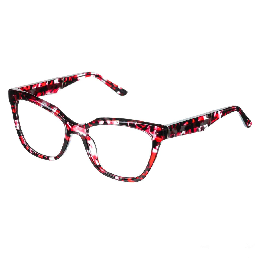 A pair of eyeglasses with a tortoise shell patterned frame in red and black colors, featuring clear lenses and a round shape.