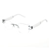 A pair of rimless, silver-colored eyeglasses with a sleek design.